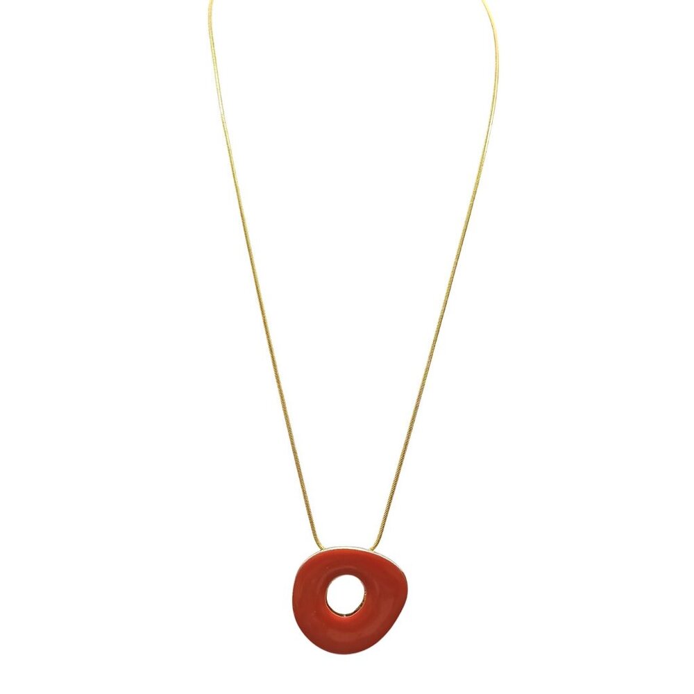 Vintage Gold-Tone Snake Chain Necklace with Red Enamel Abstract Pendant